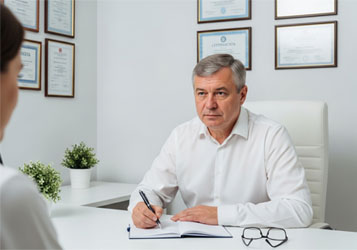 Врач-психотерапевт делает записи в блокнот